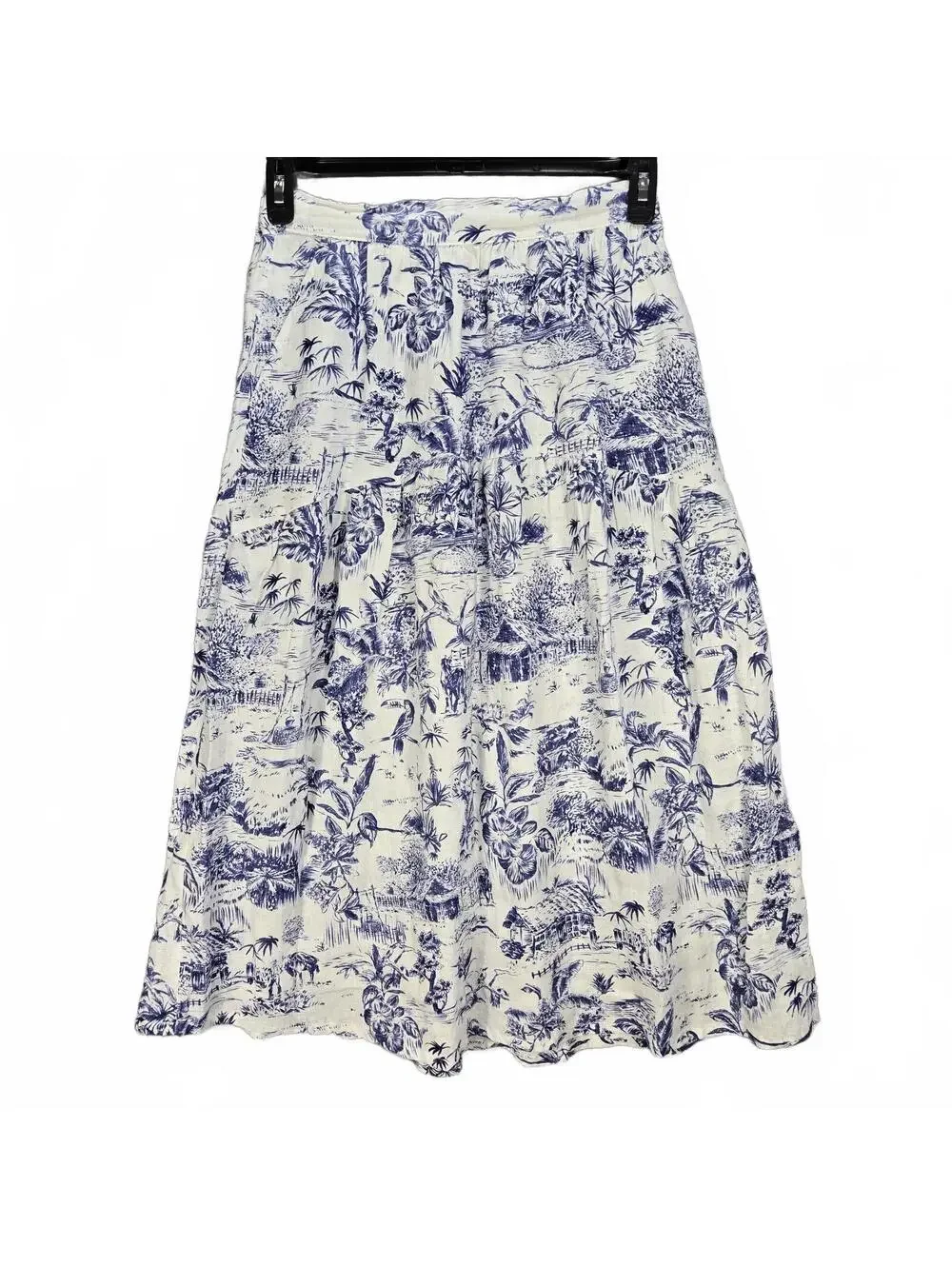 Joie 100% Linen Toile Midi Skirt Blue White Tropical Coastal Grandma Boho Small - Picture 1 of 6